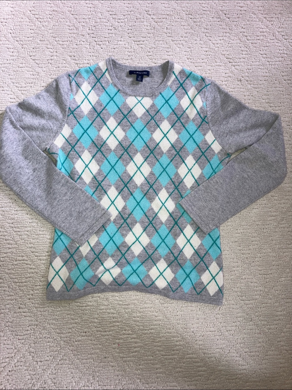 Lands' End Aqua & Gray Argyle Cashmere Sweater S